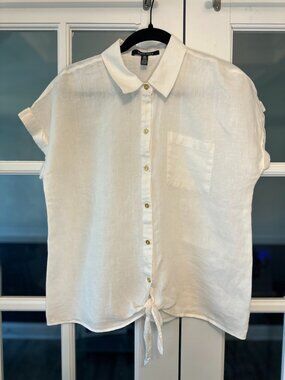 Ellen Tracy 100% Linen White Tie Hem Front Button Blouse M
